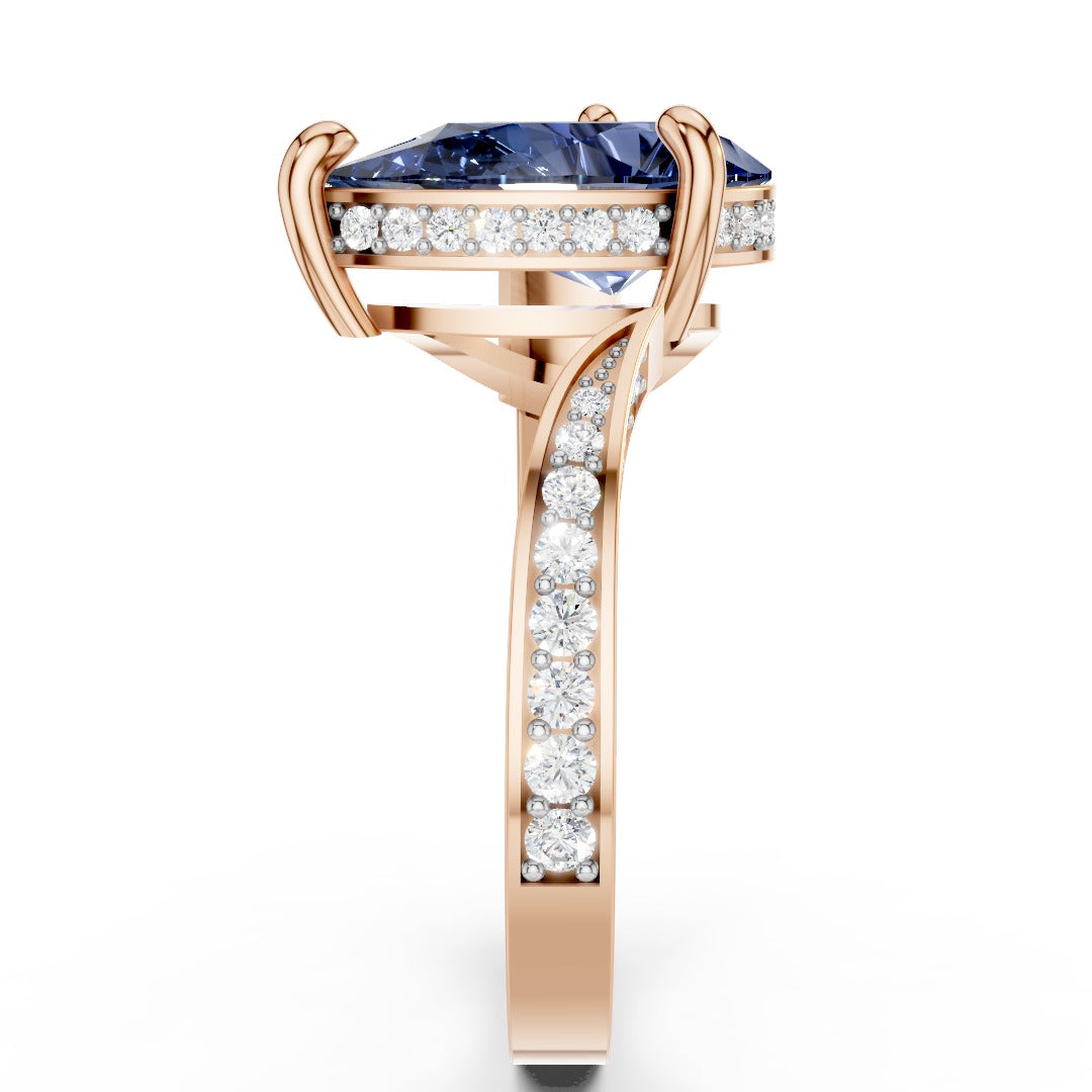 Blue Pear-Cut Moissanite Open Cuff Ring | Modern Bypass Sapphire Cocktail Ring