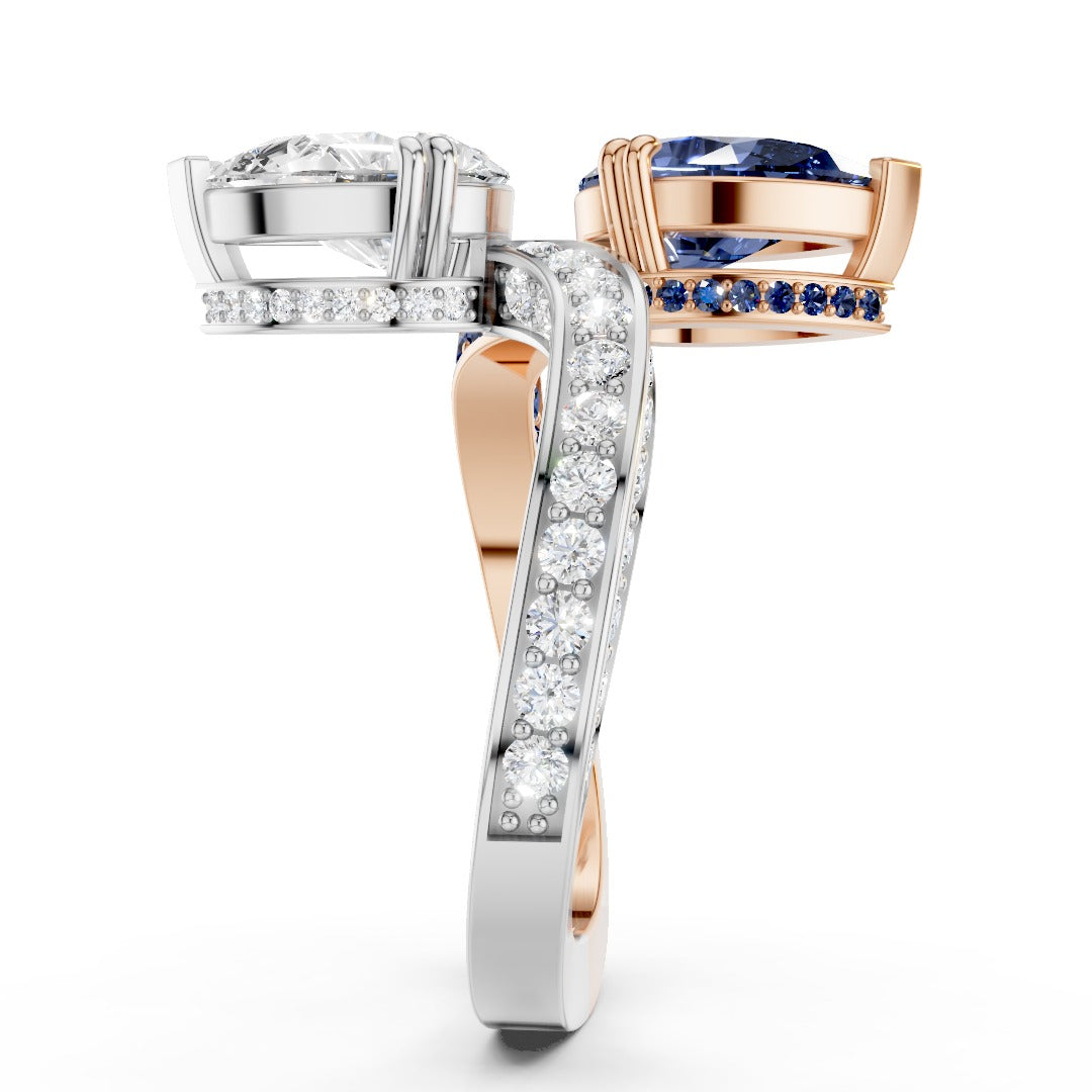 Toi et Moi Pear-Cut Ring | Two-Tone Bypass Moissanite and Blue Sapphire Ring