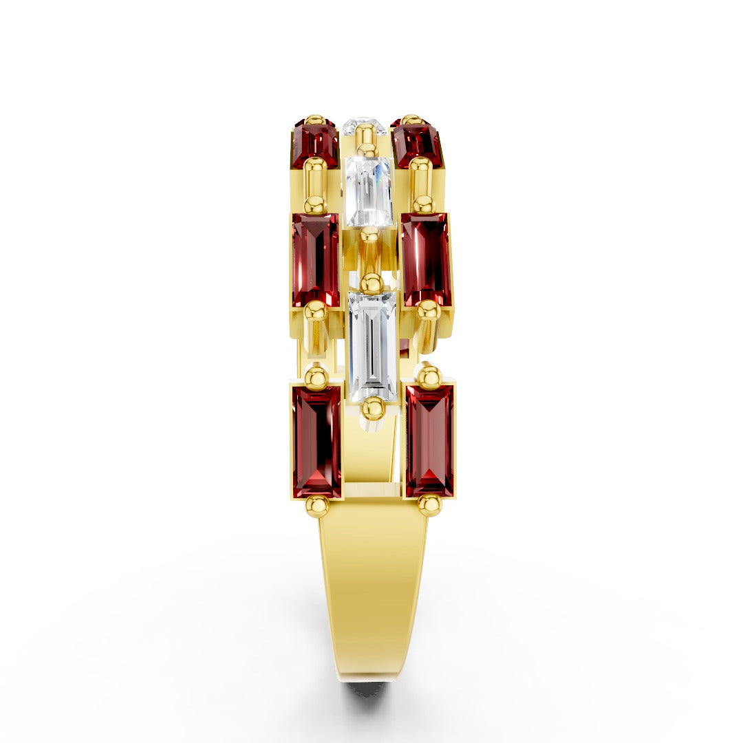 Art Deco Baguette Moissanite & Red Gemstone Band - Interlocking Geometric Sterling Silver Ring