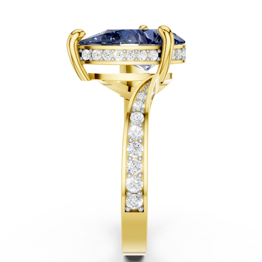 Blue Pear-Cut Moissanite Open Cuff Ring | Modern Bypass Sapphire Cocktail Ring