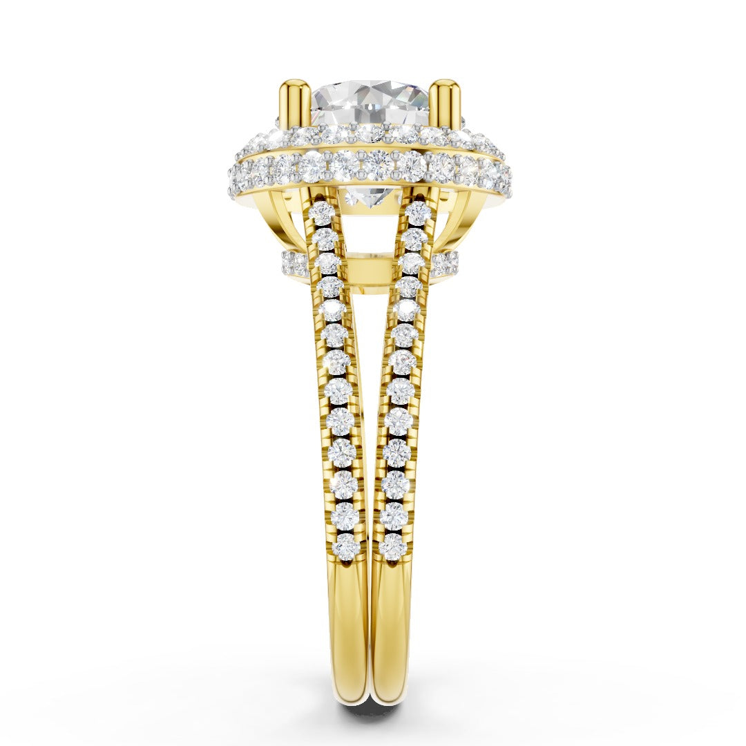 Round Moissanite Double Halo Split Shank Engagement Ring