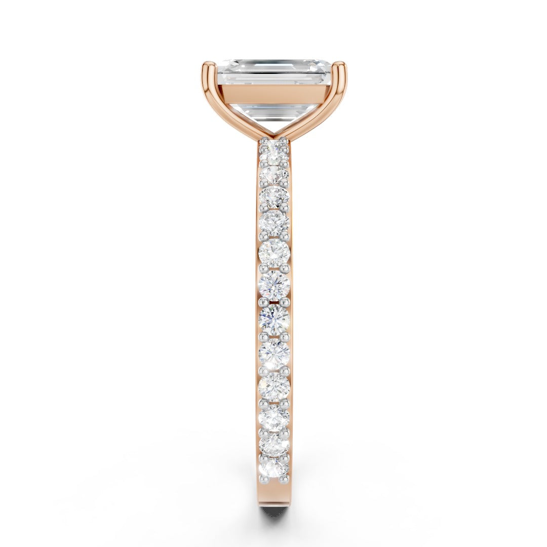 Emerald Cut Moissanite Solitaire Engagement Ring - Pave Band & Sterling Silver