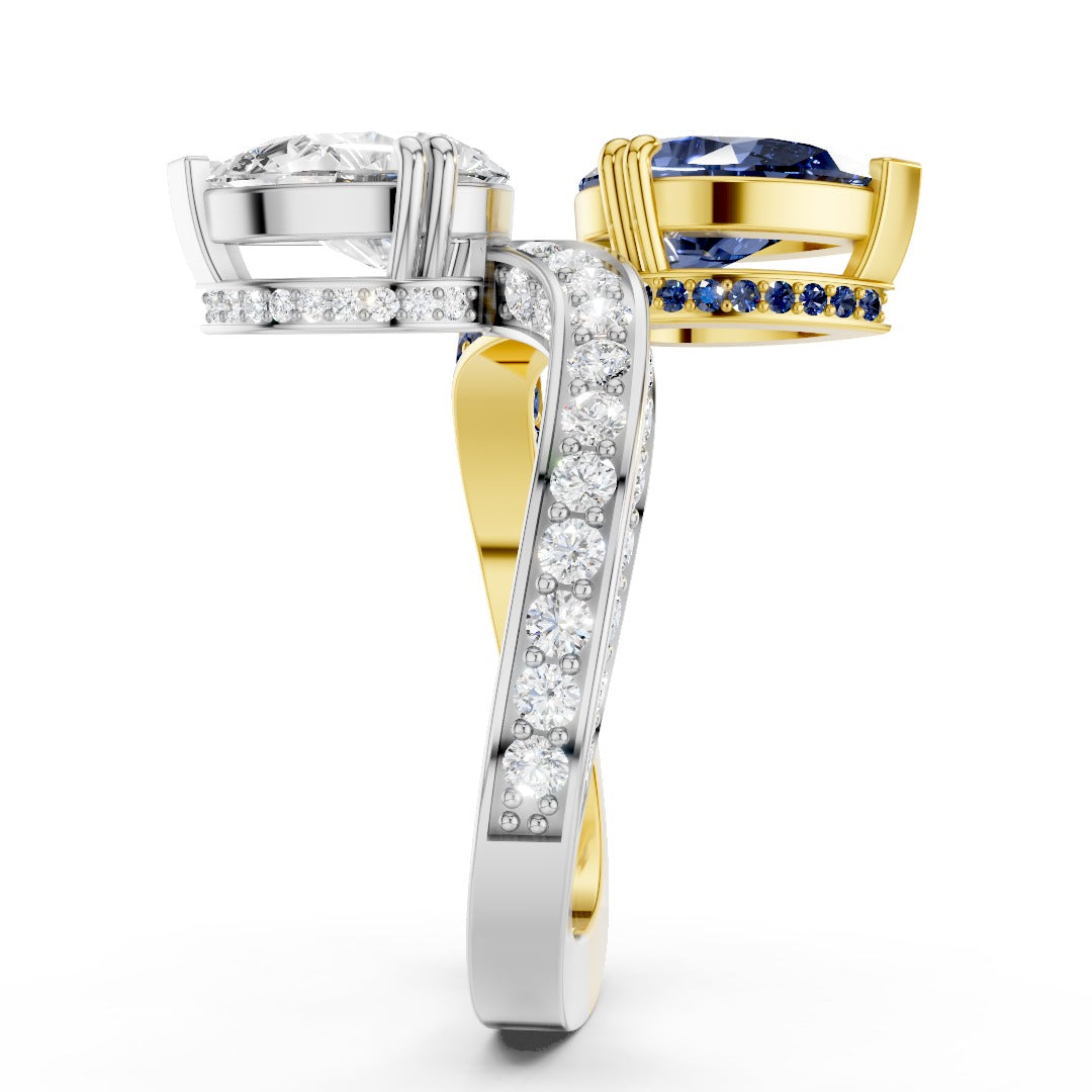 Toi et Moi Pear-Cut Ring | Two-Tone Bypass Moissanite and Blue Sapphire Ring