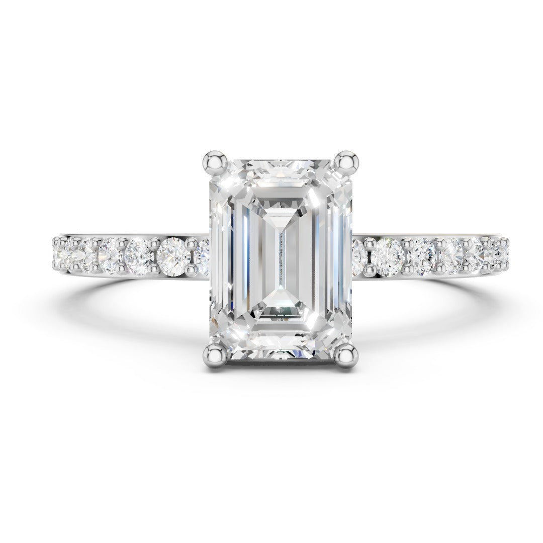Emerald Cut Moissanite Solitaire Engagement Ring - Pave Band & Sterling Silver