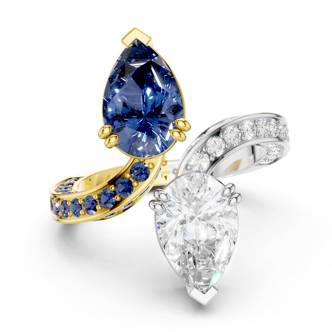 Toi et Moi Pear-Cut Ring | Two-Tone Bypass Moissanite and Blue Sapphire Ring