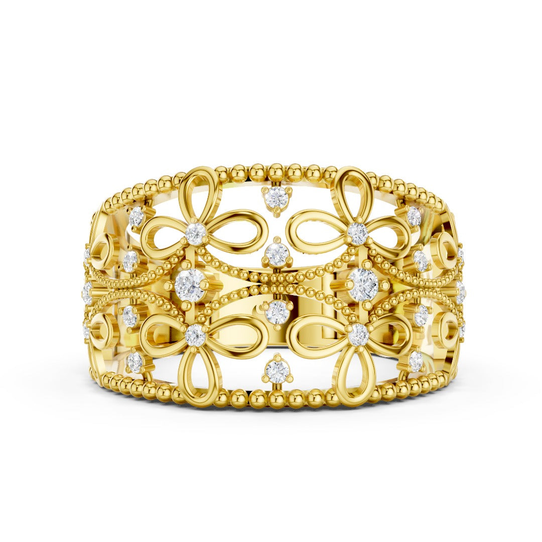 925 Sterling Silver Moissanite Floral Filigree Ring – Elegant Wide Band for Women