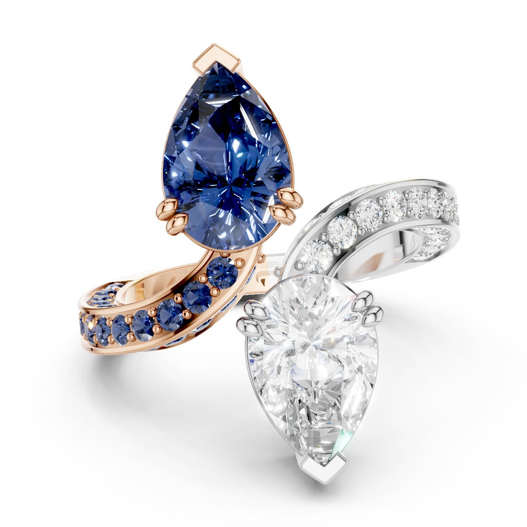 Toi et Moi Pear-Cut Ring | Two-Tone Bypass Moissanite and Blue Sapphire Ring