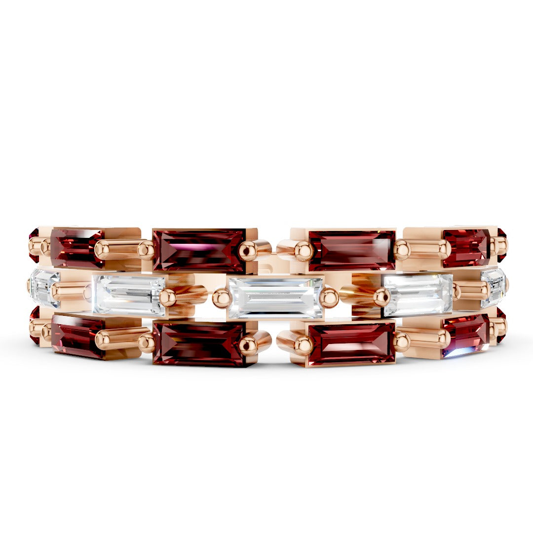 Art Deco Baguette Moissanite & Red Gemstone Band - Interlocking Geometric Sterling Silver Ring