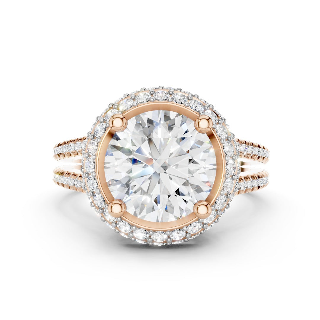 Round Moissanite Double Halo Split Shank Engagement Ring