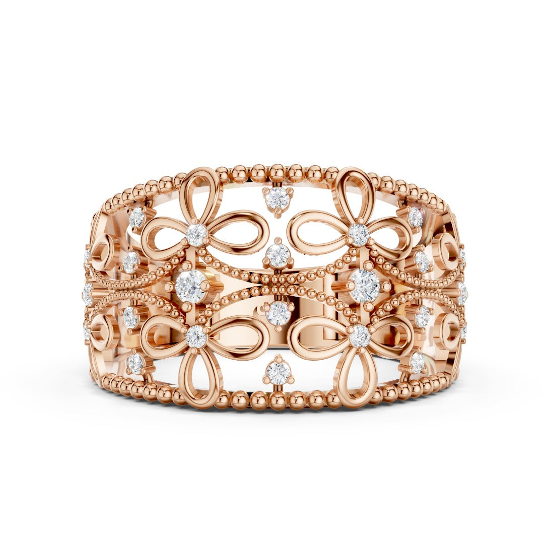 925 Sterling Silver Moissanite Floral Filigree Ring – Elegant Wide Band for Women