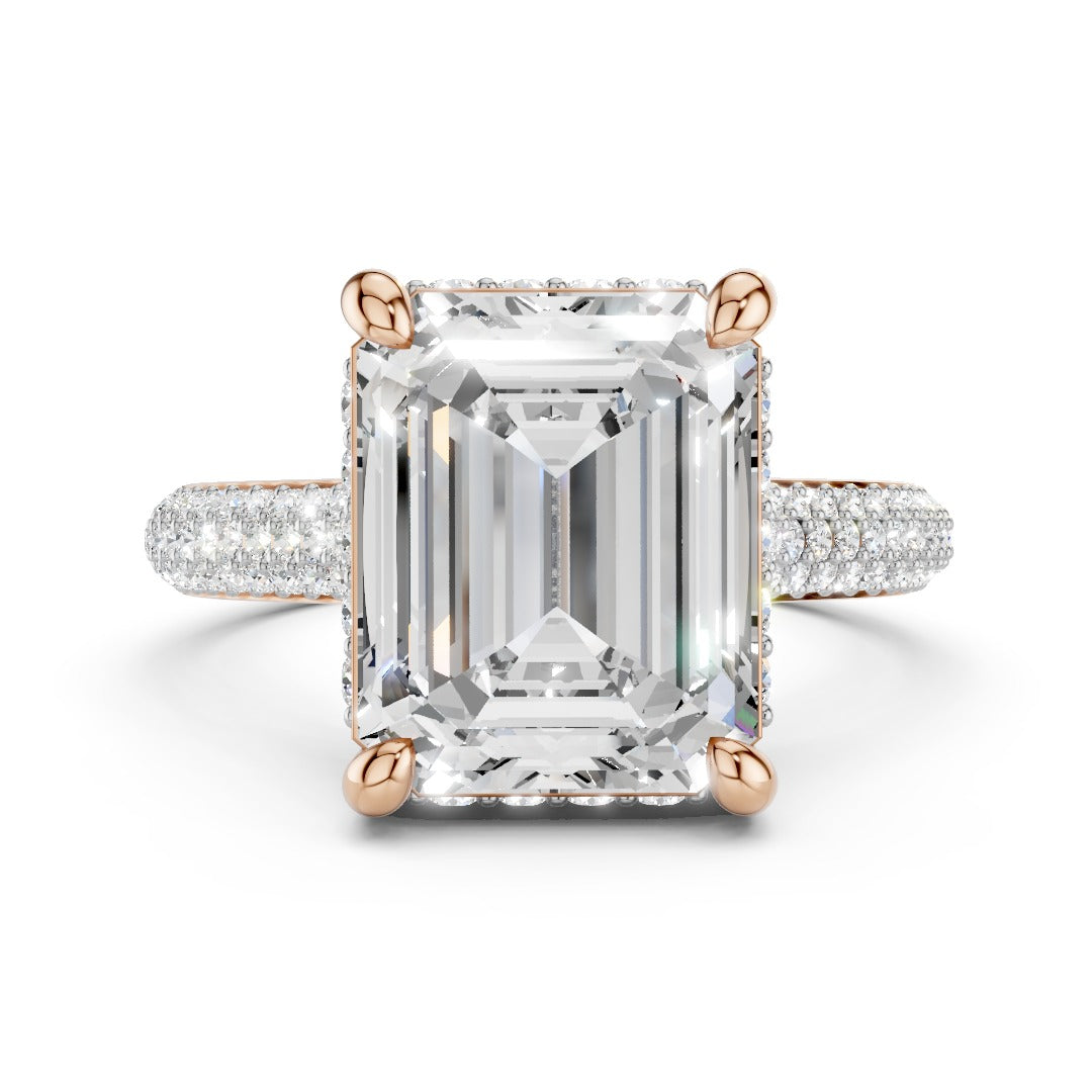 Emerald Cut Moissanite Pave Engagement Ring | Statement Four-Prong Setting