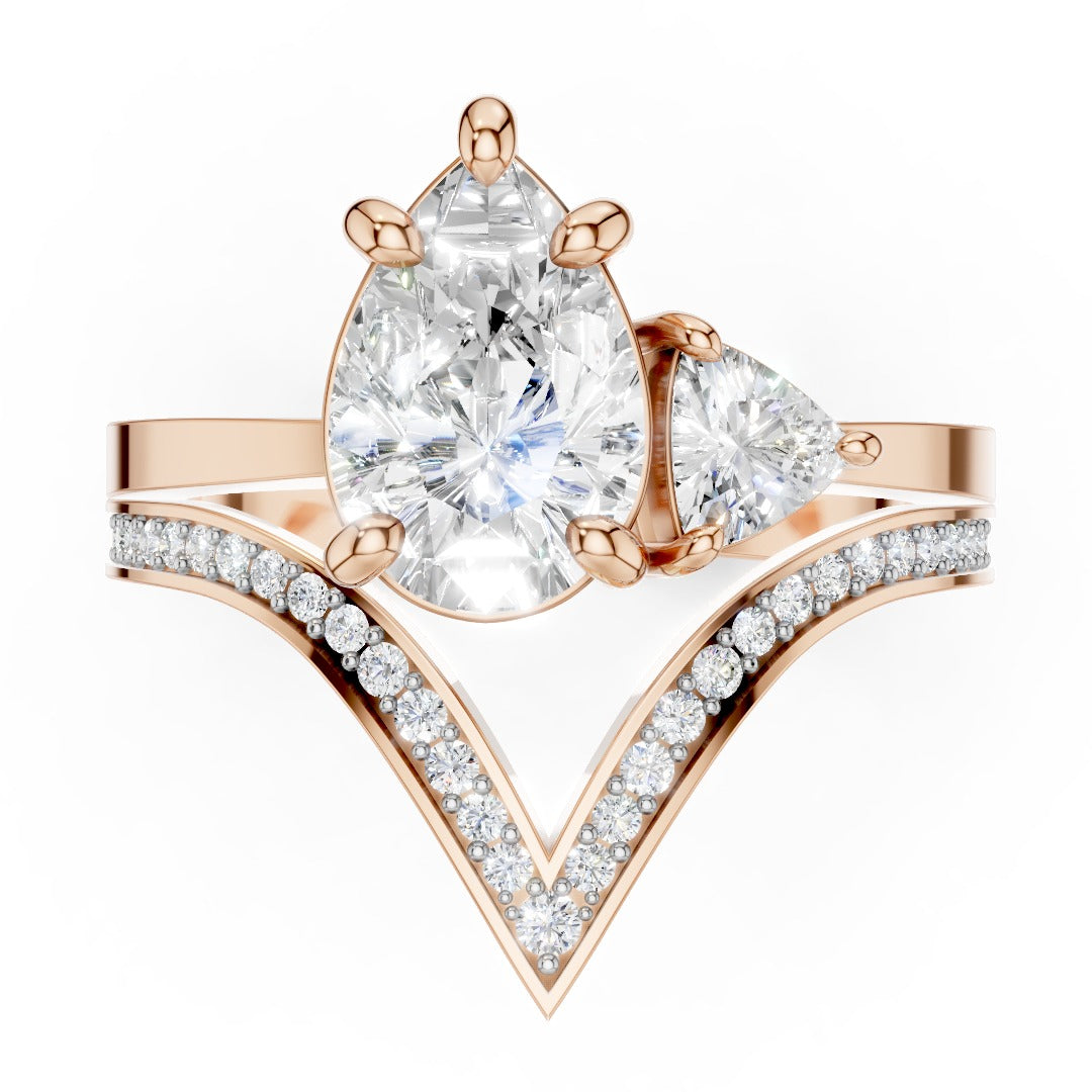 Modern V-Shape Moissanite Engagement Ring - Pear & Trillion Cut Accents in Sterling Silver
