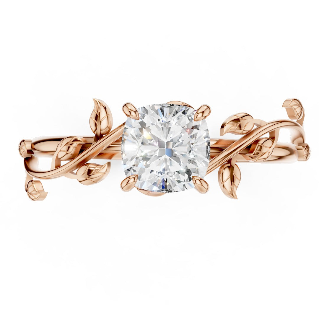 Nature Inspired Moissanite Engagement Ring - Cushion Cut Solitaire with Vine & Leaf Sterling Silver Band