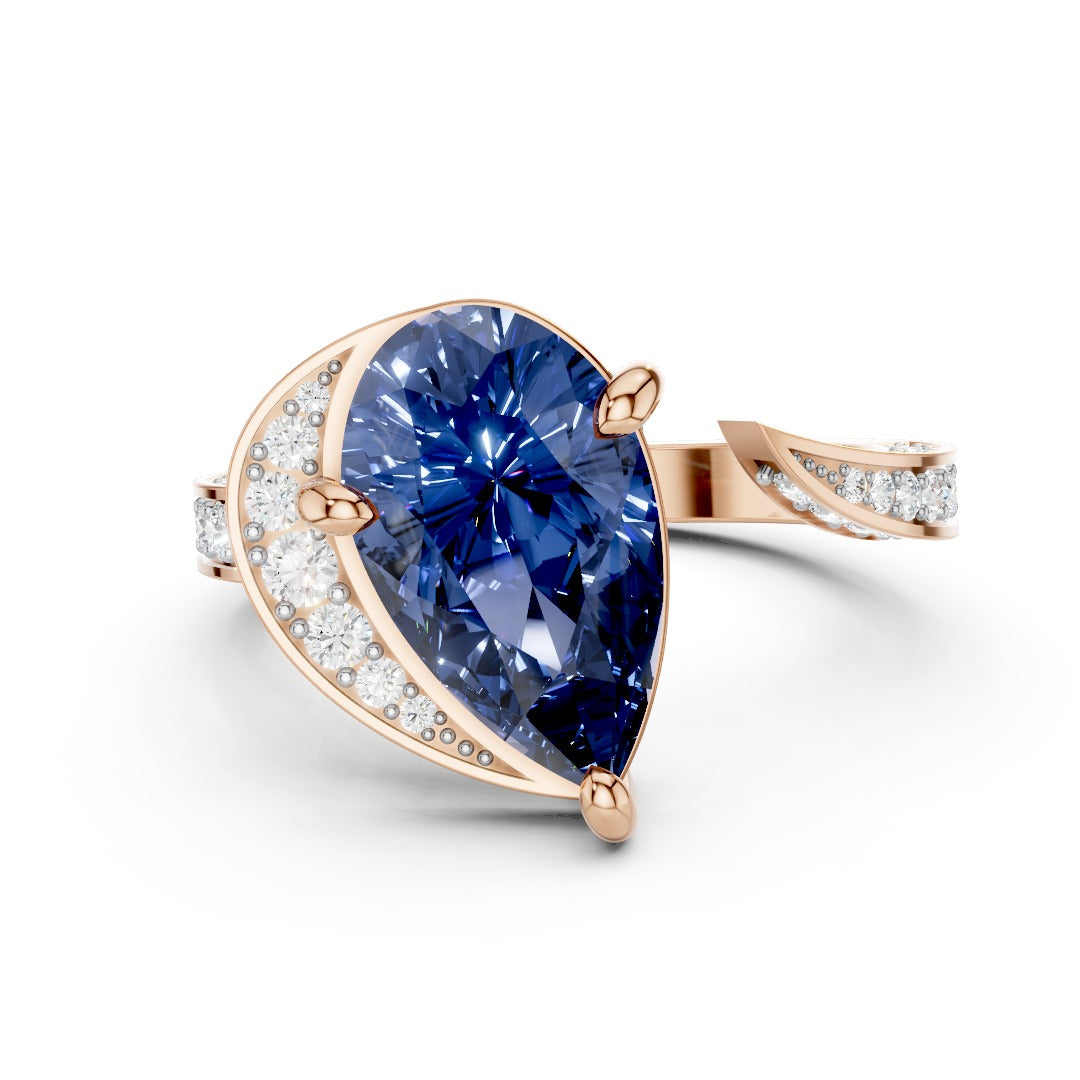 Blue Pear-Cut Moissanite Open Cuff Ring | Modern Bypass Sapphire Cocktail Ring