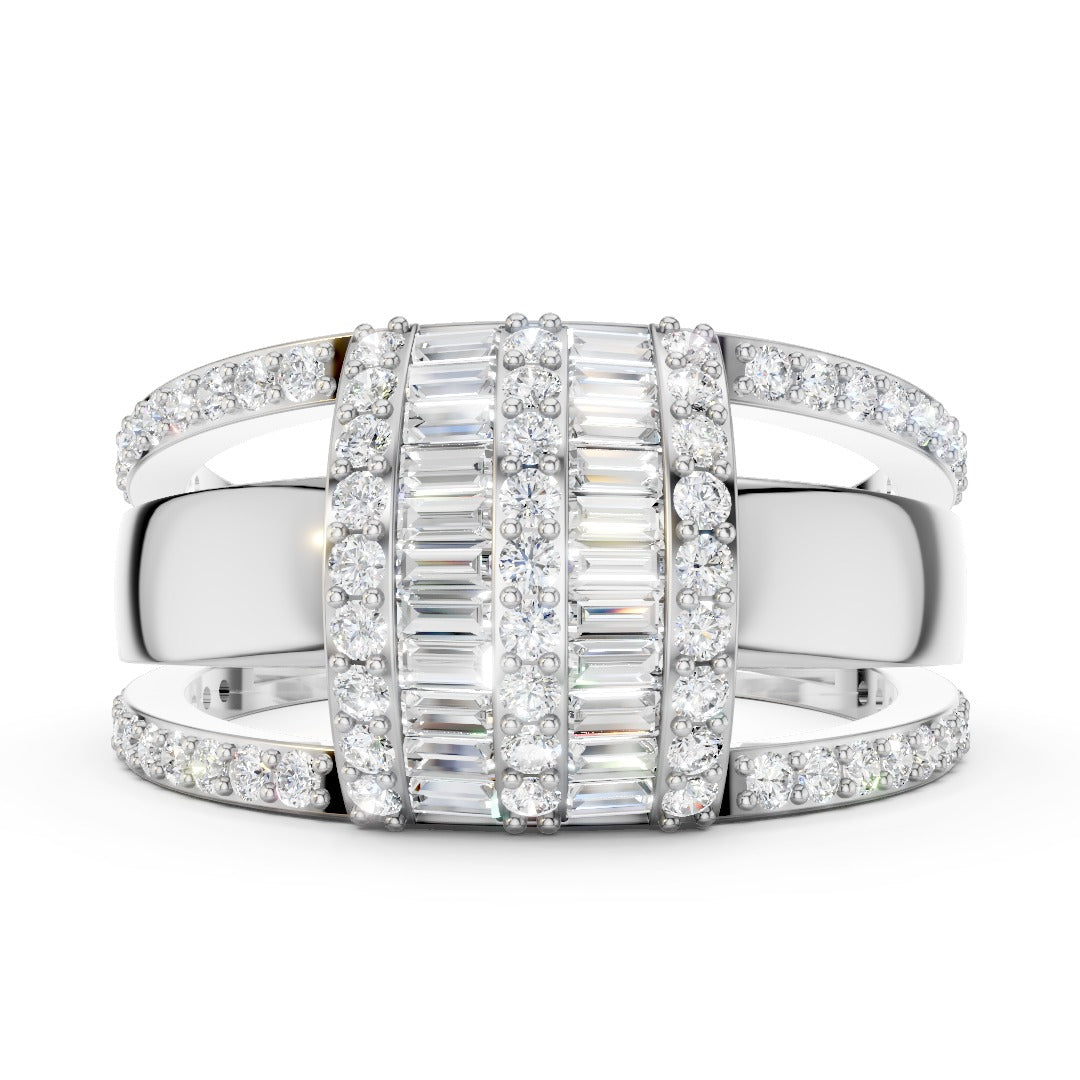 Wide Art Deco Moissanite Statement Ring - Baguette & Round Pave Band in Sterling Silver