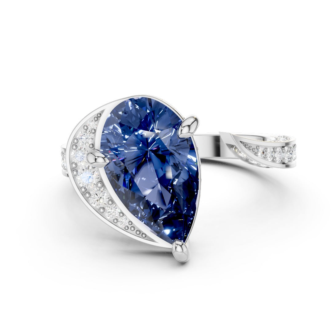 Blue Pear-Cut Moissanite Open Cuff Ring | Modern Bypass Sapphire Cocktail Ring