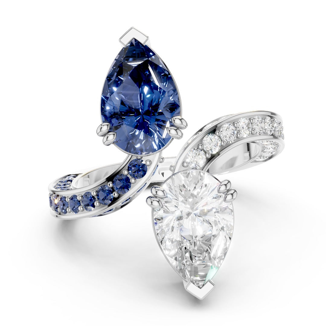 Toi et Moi Pear-Cut Ring | Two-Tone Bypass Moissanite and Blue Sapphire Ring