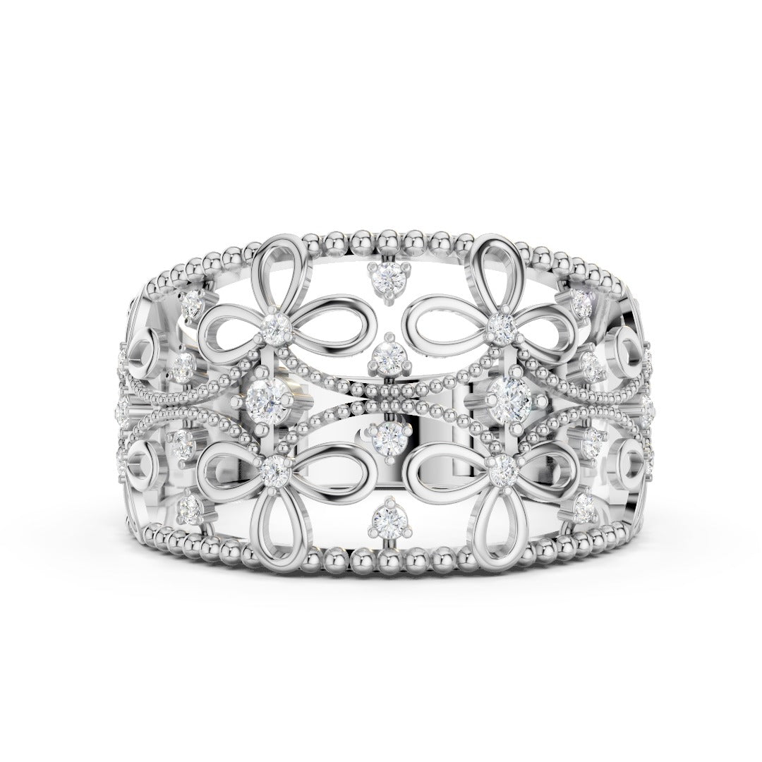 925 Sterling Silver Moissanite Floral Filigree Ring – Elegant Wide Band for Women