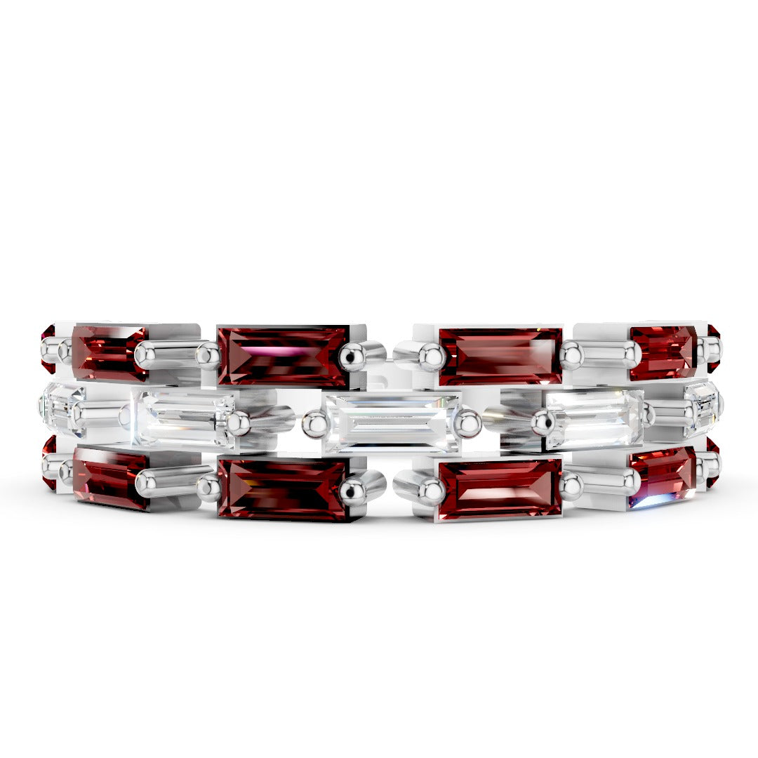 Art Deco Baguette Moissanite & Red Gemstone Band - Interlocking Geometric Sterling Silver Ring