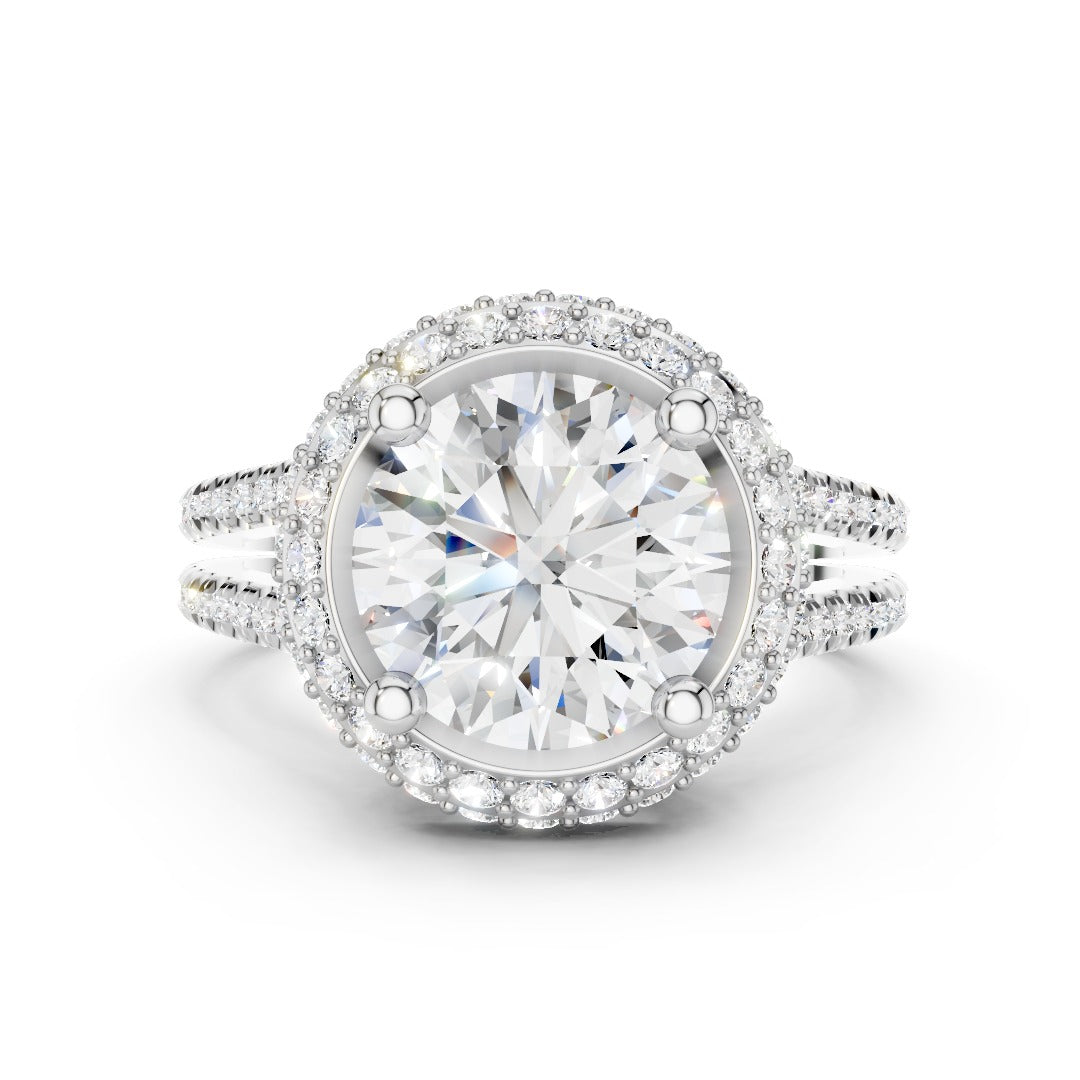 Round Moissanite Double Halo Split Shank Engagement Ring