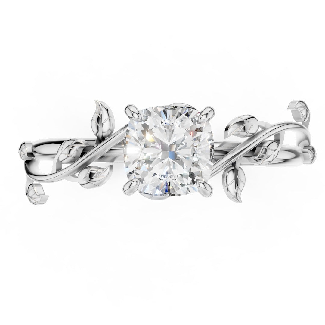 Nature Inspired Moissanite Engagement Ring - Cushion Cut Solitaire with Vine & Leaf Sterling Silver Band