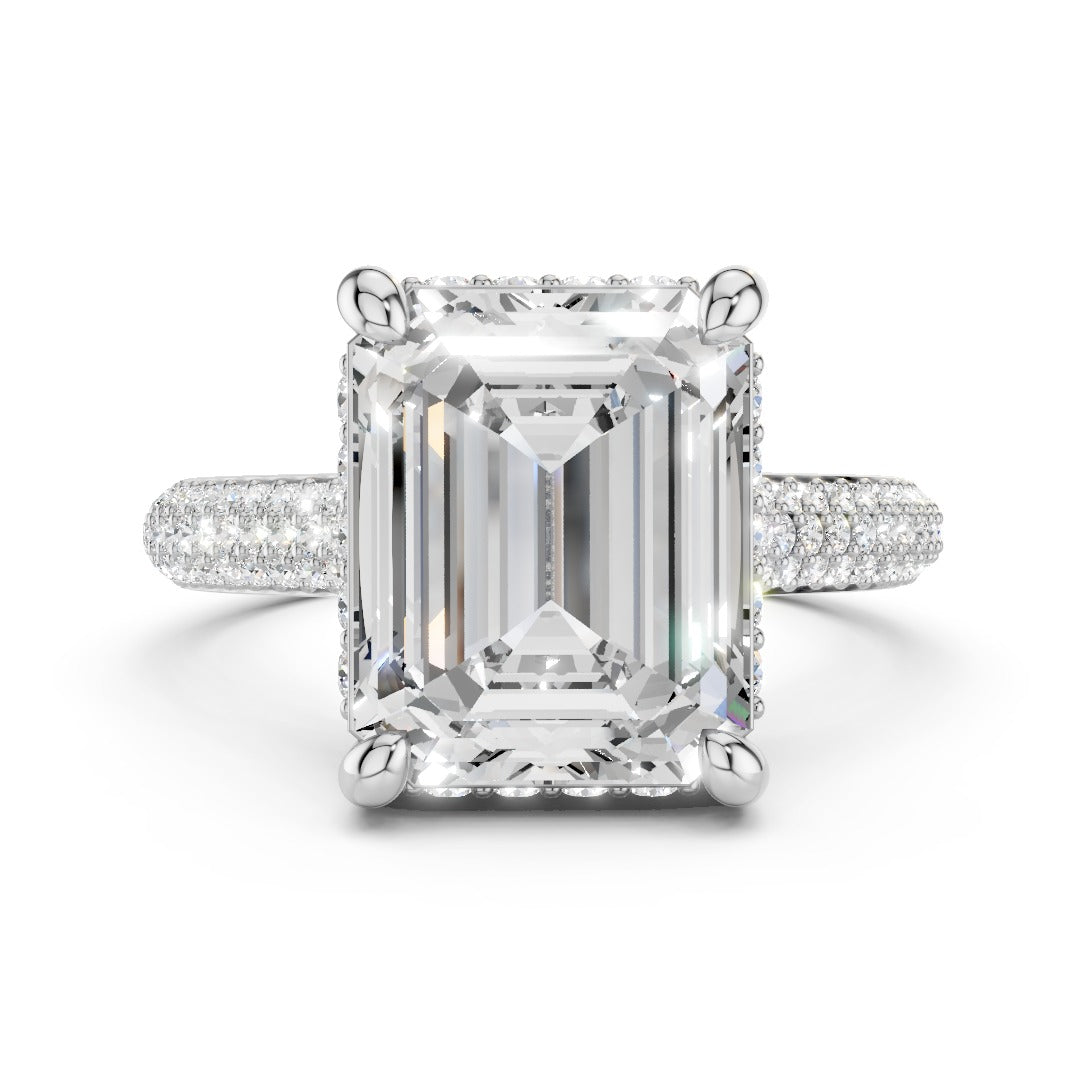 Emerald Cut Moissanite Pave Engagement Ring | Statement Four-Prong Setting
