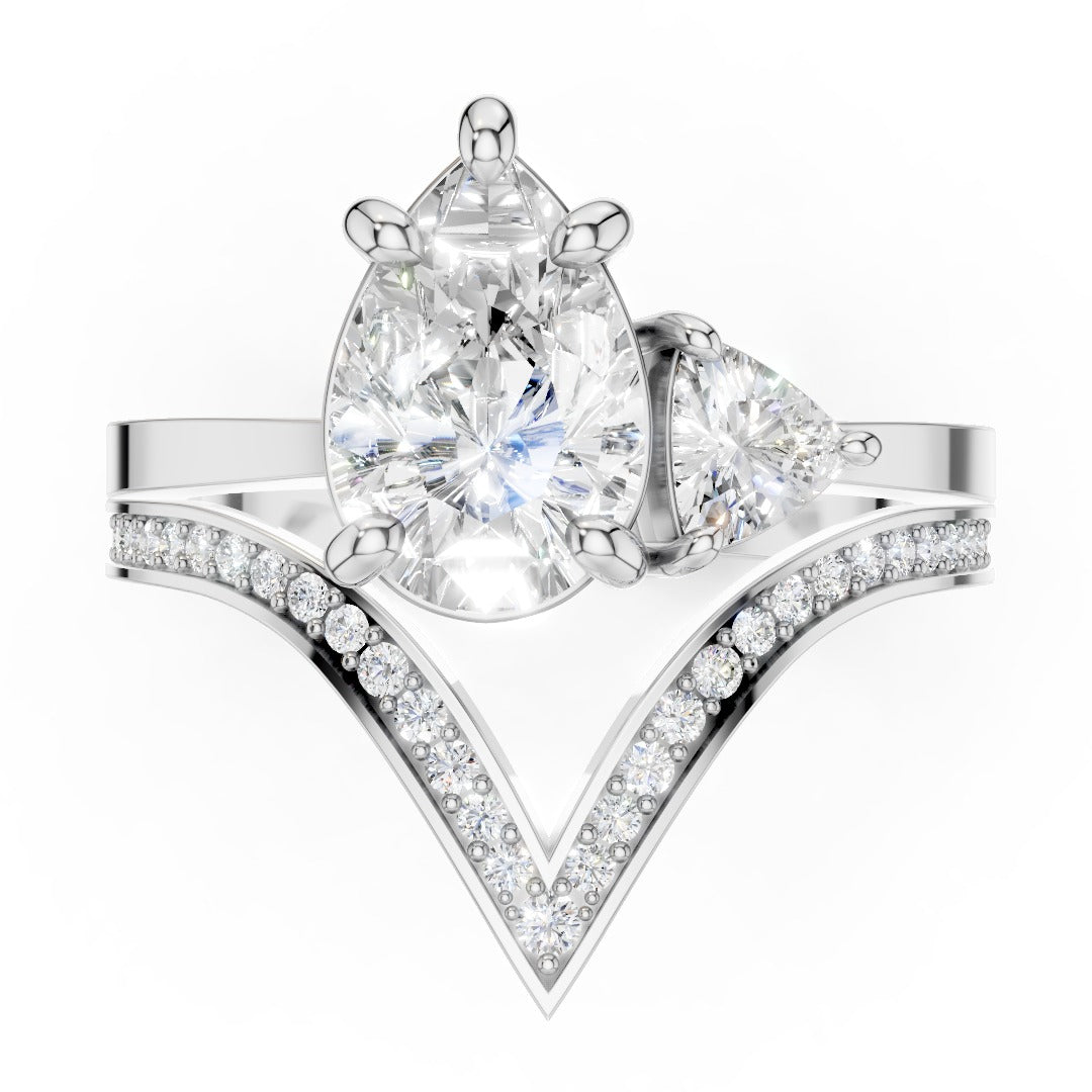 Modern V-Shape Moissanite Engagement Ring - Pear & Trillion Cut Accents in Sterling Silver
