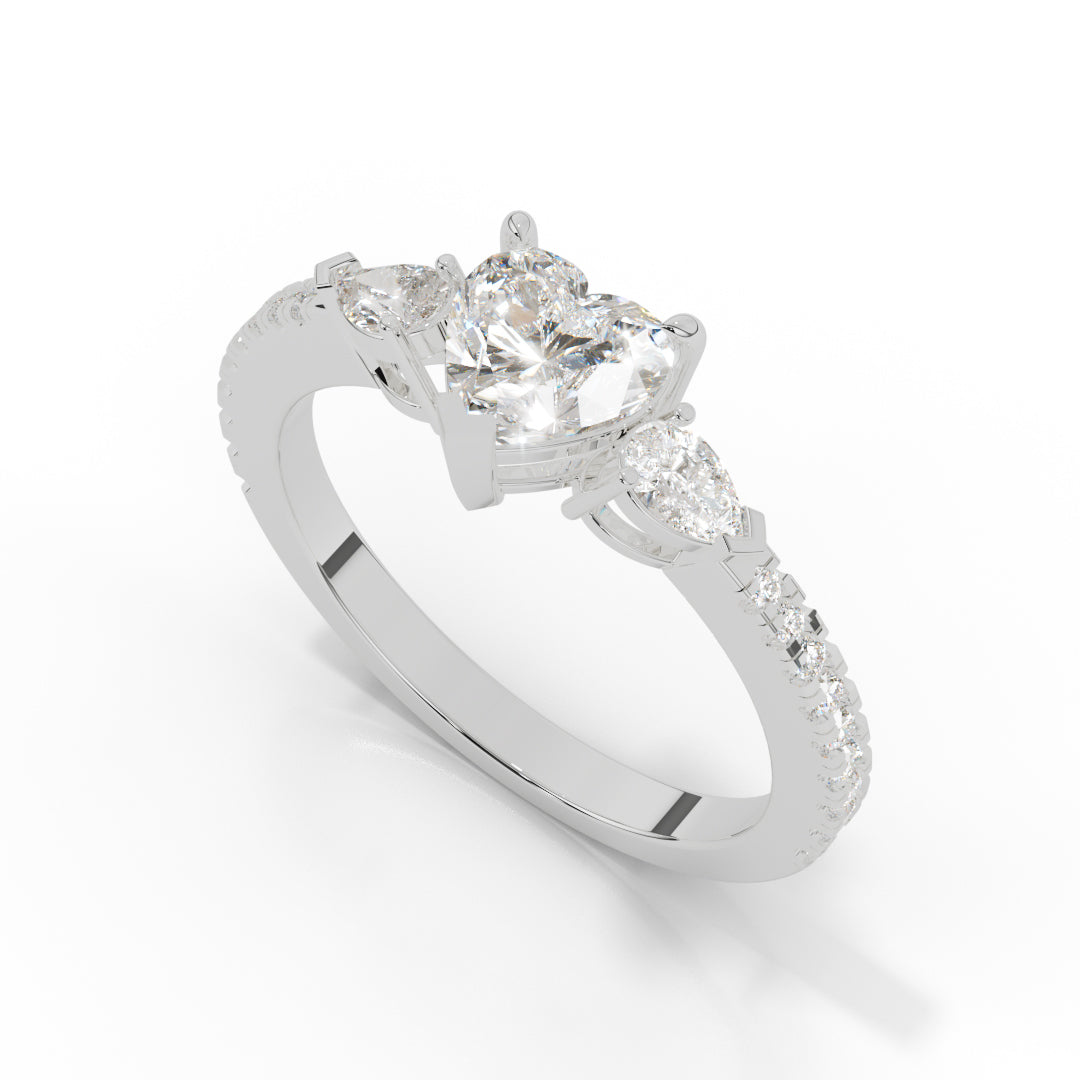 White Gold Heart and Pear-Cut Three-Stone Ring